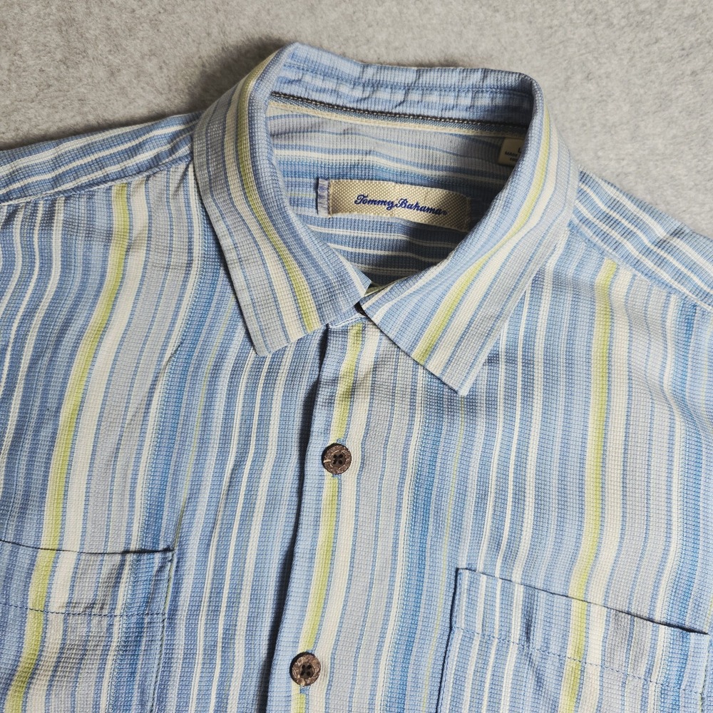 Tommy Bahama Mens Large Silk Striped Camp Short Sleeve Beach Coastal Resort